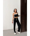 Kadın Siyah Crop Atletli Yüksek Bel Beli Lastikli Geniş Paça Pantolon Alt Üst Yazlık Eşofman Takım