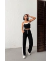 Kadın Siyah Crop Atletli Yüksek Bel Beli Lastikli Geniş Paça Pantolon Alt Üst Yazlık Eşofman Takım
