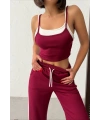 Kadın Bordo Crop Atletli Yüksek Bel Beli Lastikli Geniş Paça Pantolon Alt Üst Yazlık Eşofman Takım