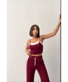 Kadın Bordo Crop Atletli Yüksek Bel Beli Lastikli Geniş Paça Pantolon Alt Üst Yazlık Eşofman Takım