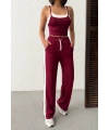 Kadın Bordo Crop Atletli Yüksek Bel Beli Lastikli Geniş Paça Pantolon Alt Üst Yazlık Eşofman Takım