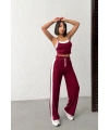 Kadın Bordo Crop Atletli Yüksek Bel Beli Lastikli Geniş Paça Pantolon Alt Üst Yazlık Eşofman Takım