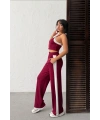 Kadın Bordo Crop Atletli Yüksek Bel Beli Lastikli Geniş Paça Pantolon Alt Üst Yazlık Eşofman Takım