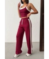 Kadın Bordo Crop Atletli Yüksek Bel Beli Lastikli Geniş Paça Pantolon Alt Üst Yazlık Eşofman Takım
