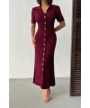 Kadın Bordo Düğmeli Yazlık Kumaş Kısa Kol Polo Yaka Uzun Triko Elbise