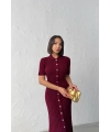Kadın Bordo Düğmeli Yazlık Kumaş Kısa Kol Polo Yaka Uzun Triko Elbise