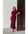 Kadın Bordo Düğmeli Yazlık Kumaş Kısa Kol Polo Yaka Uzun Triko Elbise