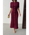 Kadın Bordo Düğmeli Yazlık Kumaş Kısa Kol Polo Yaka Uzun Triko Elbise