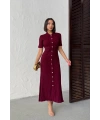 Kadın Bordo Düğmeli Yazlık Kumaş Kısa Kol Polo Yaka Uzun Triko Elbise