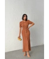 Kadın Kahve Düğmeli Yazlık Kumaş Kısa Kol Polo Yaka Uzun Triko Elbise