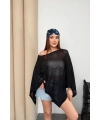 Kadın Siyah Kayık Madonna Yaka Panço Görünümlü Şık Oversize Yazlık Mevsimlik File Bluz
