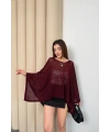 Kadın Bordo Kayık Madonna Yaka Panço Görünümlü Şık Oversize Yazlık Mevsimlik File Bluz