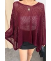 Kadın Bordo Kayık Madonna Yaka Panço Görünümlü Şık Oversize Yazlık Mevsimlik File Bluz