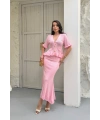 Kadın Pembe Volan Detaylı V Yaka Bluz Midi Etek Alt Üst İkili Yazlık Kumaş Triko Takım (S Beden)