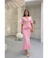 Kadın Pembe Volan Detaylı V Yaka Bluz Midi Etek Alt Üst İkili Yazlık Kumaş Triko Takım (S Beden)