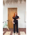 Kadın Siyah Kemerli Cepli Gömlek Geniş Paça Yüksek Bel Pantolon Takım
