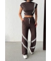 Kadın Kahverengi Şerit Detaylı Crop Bluz Yüksek Bel Bol Paça Pantolon Alt Üst İkili Takım