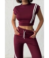 Kadın Kahverengi Şerit Detaylı Crop Bluz Yüksek Bel Bol Paça Pantolon Alt Üst İkili Takım
