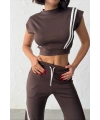 Kadın Kahverengi Şerit Detaylı Crop Bluz Yüksek Bel Bol Paça Pantolon Alt Üst İkili Takım