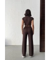 Kadın Kahverengi Şerit Detaylı Crop Bluz Yüksek Bel Bol Paça Pantolon Alt Üst İkili Takım