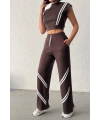 Kadın Kahverengi Şerit Detaylı Crop Bluz Yüksek Bel Bol Paça Pantolon Alt Üst İkili Takım