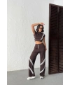Kadın Kahverengi Şerit Detaylı Crop Bluz Yüksek Bel Bol Paça Pantolon Alt Üst İkili Takım