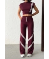 Kadın Kahverengi Şerit Detaylı Crop Bluz Yüksek Bel Bol Paça Pantolon Alt Üst İkili Takım