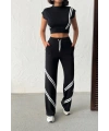 Kadın Siyah Şerit Detaylı Crop Bluz Yüksek Bel Bol Paça Pantolon Alt Üst İkili Takım