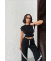 Kadın Siyah Şerit Detaylı Crop Bluz Yüksek Bel Bol Paça Pantolon Alt Üst İkili Takım