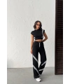 Kadın Siyah Şerit Detaylı Crop Bluz Yüksek Bel Bol Paça Pantolon Alt Üst İkili Takım