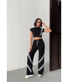Kadın Siyah Şerit Detaylı Crop Bluz Yüksek Bel Bol Paça Pantolon Alt Üst İkili Takım
