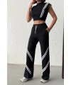 Kadın Siyah Şerit Detaylı Crop Bluz Yüksek Bel Bol Paça Pantolon Alt Üst İkili Takım