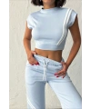 Kadın Yaz Mavisi Şerit Detaylı Crop Bluz Yüksek Bel Bol Paça Pantolon Alt Üst İkili Takım