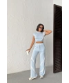 Kadın Yaz Mavisi Şerit Detaylı Crop Bluz Yüksek Bel Bol Paça Pantolon Alt Üst İkili Takım