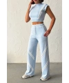 Kadın Yaz Mavisi Şerit Detaylı Crop Bluz Yüksek Bel Bol Paça Pantolon Alt Üst İkili Takım