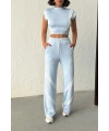 Kadın Yaz Mavisi Şerit Detaylı Crop Bluz Yüksek Bel Bol Paça Pantolon Alt Üst İkili Takım