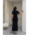 Kadın Lacivert Simli Astarlı Kısa Kol Yazlık Kumaş Uzun Zarif Triko Elbise (S/M)
