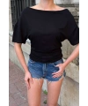 Kadın Siyah Kayık Madonna Yaka Likralı Lüx Kalite Şık Esnek Bluz