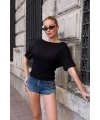 Kadın Siyah Kayık Madonna Yaka Likralı Lüx Kalite Şık Esnek Bluz