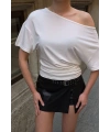 Kadın Beyaz Kayık Madonna Yaka Likralı Lüx Kalite Şık Esnek Bluz