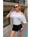 Kadın Beyaz Kayık Madonna Yaka Likralı Lüx Kalite Şık Esnek Bluz