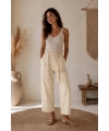 Kadın Bej Yüksek Bel Beli Lastikli Kuşaklı Geniş Paça Palazzo Pantolon