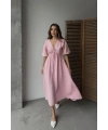 Kadın V Yaka Pembe Müslin Kumaş Kısa Kol Elbise