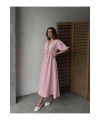 Kadın V Yaka Pembe Müslin Kumaş Kısa Kol Elbise