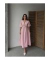 Kadın V Yaka Pembe Müslin Kumaş Kısa Kol Elbise