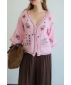 Kadın Pembe Etnik Nakış İşlemeli Cep Detaylı Düğmeli Yazlık Bohem Müslin Gömlek Kimono