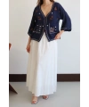 Kadın Lacivert Etnik Nakış İşlemeli Cep Detaylı Düğmeli Yazlık Bohem Müslin Gömlek Kimono