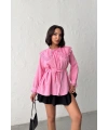 Kadın Pembe Vintage Bebe Yaka Dantelli Kuşaklı Yazlık Uzun Kol Gömlek Tunik