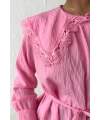 Kadın Pembe Vintage Bebe Yaka Dantelli Kuşaklı Yazlık Uzun Kol Gömlek Tunik