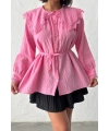 Kadın Pembe Vintage Bebe Yaka Dantelli Kuşaklı Yazlık Uzun Kol Gömlek Tunik